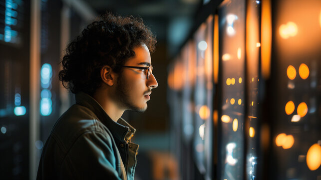 Jeune homme s'occupant de la maintenance et de g&eacute;rer les serveurs informatique, m&eacute;tier technicien dans un datacenter ou sysadmin