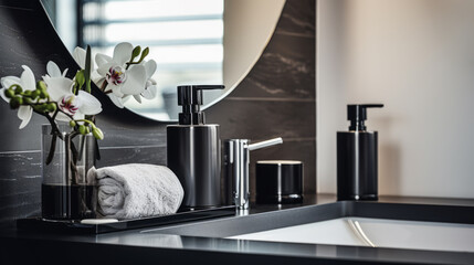 Elegant bathroom accessories with orchid flowers on a dark countertop. Luxury home decor concept. Generative AI