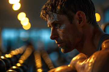 Sweaty man resting after a workout in gym lights