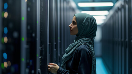 Jeune femme avec un voile hijab s'approchant des serveurs informatique, métier technicien dans un datacenter ou sysadmin