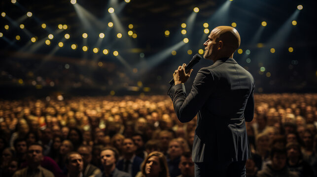 Motivational speaker addressing a large audience at a corporate event. Presentation concept. Generative AI - Powered by Adobe