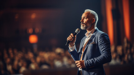Experienced speaker delivering a keynote speech at a business conference. Event concept. Generative AI