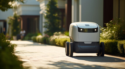 Self-driving delivery robot navigating suburban home walkway. Futuristic of logistics concept. Generative AI