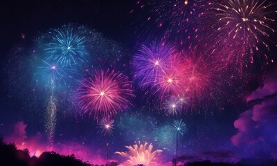 Fototapeta premium Fireworks on the night sky background