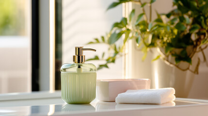Fototapeta na wymiar Green soap dispenser and white bath accessories with natural light in a tranquil bathroom setting. Generative AI