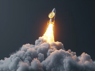 Bitcoin rocket launching with fiery boosters on dark background. Cryptocurrency growth concept. Generative AI