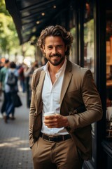 Businessman with a beaming smile as he walks through the city, clutching his laptop and sipping from a coffee cup, Generative AI