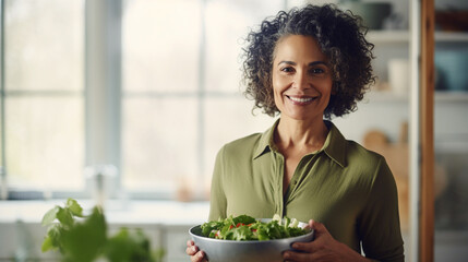 Middle-aged woman holds bowls of salad in the kitchen - obrazy, fototapety, plakaty