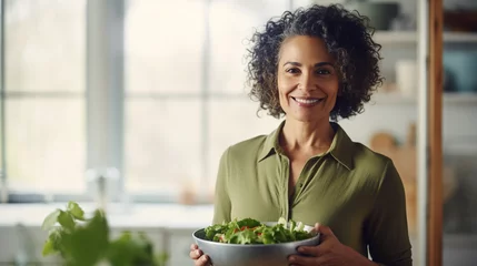 Fotobehang Middle-aged woman holds bowls of salad in the kitchen © Magic Kiddo