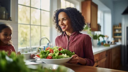 Poster Middle-aged woman holds bowls of salad in the kitchen © Magic Kiddo