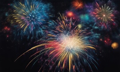 Fototapeta premium Fireworks on the night sky background