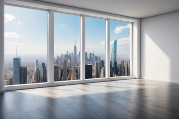 Interior skyscrapers view cityscape mockup of a blank room with a white wall during the day. Skyline view from a high-rise window. A gorgeous real estate with a view. - obrazy, fototapety, plakaty