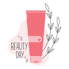 Daily skin and body care. Hand cream bottle with flower background. Moisturizing lotion. Vector.