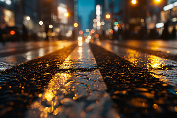 Golden reflections on wet city street at night