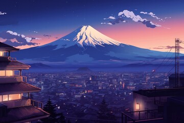 Add a touch of anime mystique to your project with a background presenting Mount Fuji from the perspective, Generative AI