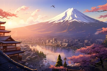 Celebrate the dynamic nature of anime artistry with a background featuring Mount Fuji against a city backdrop, where characters, Generative AI