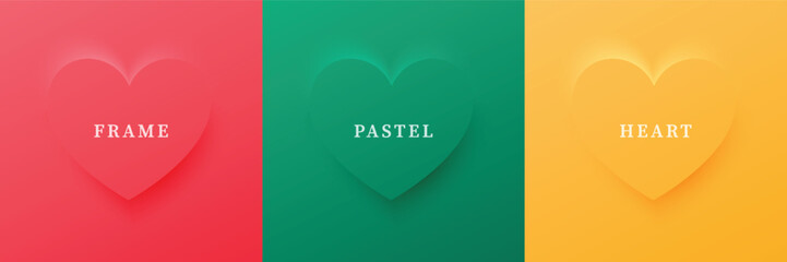 Set of abstract 3D heart, different color 3D heart shape frame design. Collection of geometric backdrop for cosmetic product display. Top view. Vector illustration