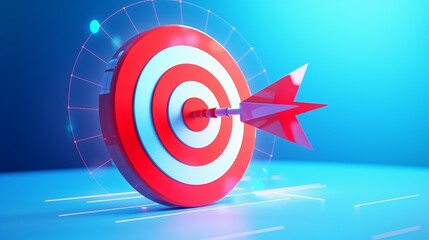 3D web landing page with red arrows hitting the bullseye – a striking visual for success and precision in online ventures. - obrazy, fototapety, plakaty