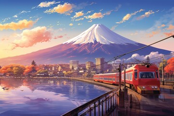  Infuse your design with the magic of anime imagination using a background that showcases Mount Fuji, Generative AI - obrazy, fototapety, plakaty
