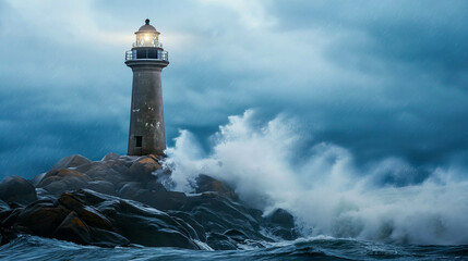Fototapeta na wymiar グローバル企業のリーダーが逆境の中で企業を成功に導くイメージ　嵐の中の灯台
