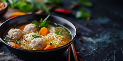 Noodle soup, vegetables and meatballs - obrazy, fototapety, plakaty