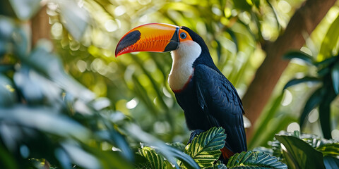 Obraz premium toucan against a background of exotic tropical nature