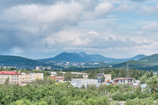 Panorama of city and surrounding area, Taganay ridge, Zlatoust, Russia