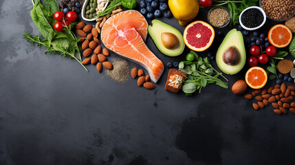 A Selection of Healthy Foods on a Gray Concrete Background 