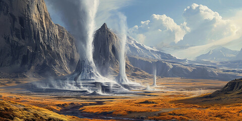 geothermal geyser during full eruption, sending boiling water and steam into the sky - obrazy, fototapety, plakaty