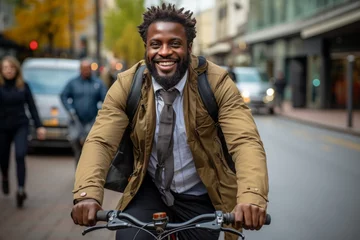 Tuinposter Stylish businessman on a bicycle, suited up and on his way to work, navigating the bustling city streets with ease, Generative AI © Shooting Star Std