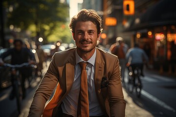 Successful businessman pedaling through the city streets on his bike, making the most of his...