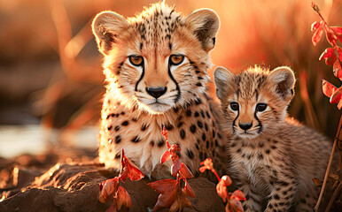 AI generated illustration of close-up of a mother cheetah and her cub in the savannah
