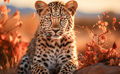 AI generated illustration of a close-up of a beautiful leopard lounging on the grassy savanna
