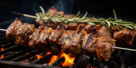 lamb kebab with rosemary and spices, cooked on the grill - obrazy, fototapety, plakaty
