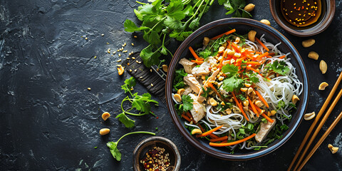 Chicken salad with noodles and carrots - obrazy, fototapety, plakaty