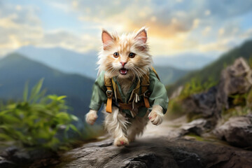 Angora terrier cat dressed as a jungle explorer is running on the mountain - obrazy, fototapety, plakaty