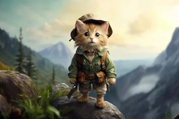 Photo sur Plexiglas Chambre denfants cute terrier cat dressed as a forest explorer is climbing a mountain