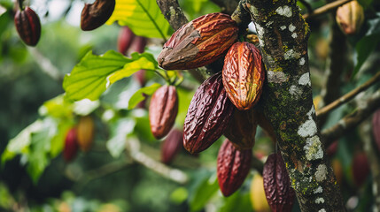 Cacao tree bearing cocoa chocolate - obrazy, fototapety, plakaty