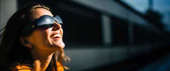Laughing young Caucasian woman in black sunglasses looking at the sky, close-up profile view, copy space, Generated AI - obrazy, fototapety, plakaty