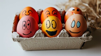 Easter joy is in the air as you uncover these amusing Easter eggs with goofy faces, perfectly placed in an egg carton box, transforming your breakfast into a celebration of fun and merriment