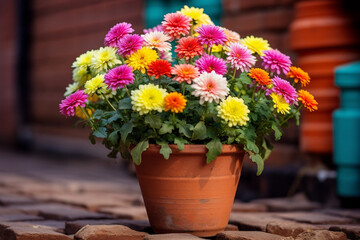 Colorful potted chrysanthemum on pavement of city street flower shop