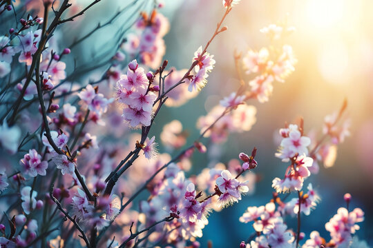 Beautiful spring morning sunrise over blossoming cherry trees