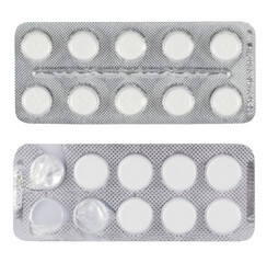 Used blister with pills on a white background. - obrazy, fototapety, plakaty