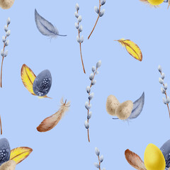 Seamless pattern. Easter theme in watercolor. Willow brunches, feathers, eggs on light blue background.Good for textile, kitchen prints, towels, scrapbooking.