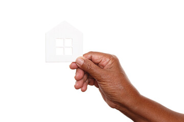 Fototapeta na wymiar Woman hands holding house or home model isolated on white background
