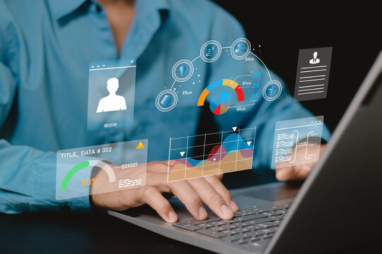 young businessperson using big data analysis and cloud technology to collect customer data and display on application dashboard from digital tablet to understand sale forecast and marketing plan..