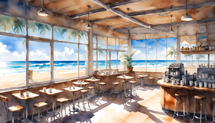 watercolor painting a coffee shop next to the sunset beach - obrazy, fototapety, plakaty