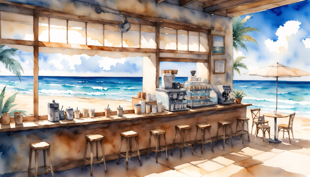 watercolor painting a coffee shop next to the sunset beach