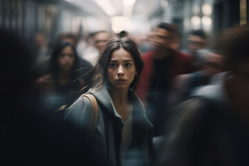 A woman with a fearful expression on her face amid a rushing crowd, people rushing past, depicting the concept of fear, agoraphobia, shock, or loneliness
