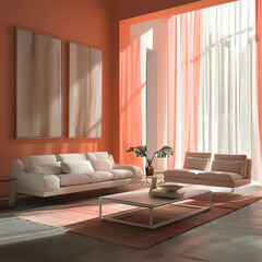 Peach Fuzz Coloured Modern Living Room with Sunlight entering from Curtain